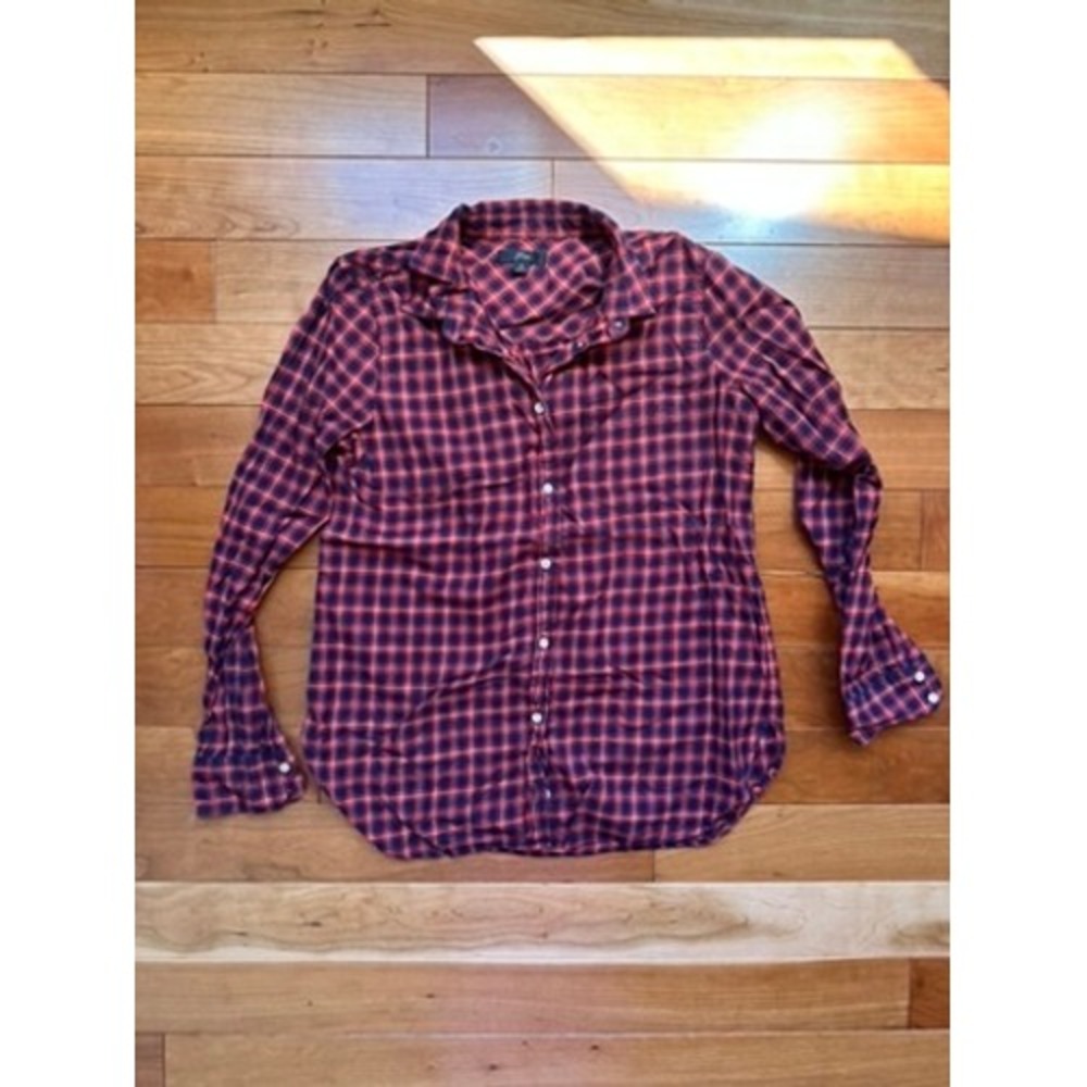 J.Crew Red Navy Blue Plaid Cotton Button Down Shirt Womens Size 6 Long Sleeve‎